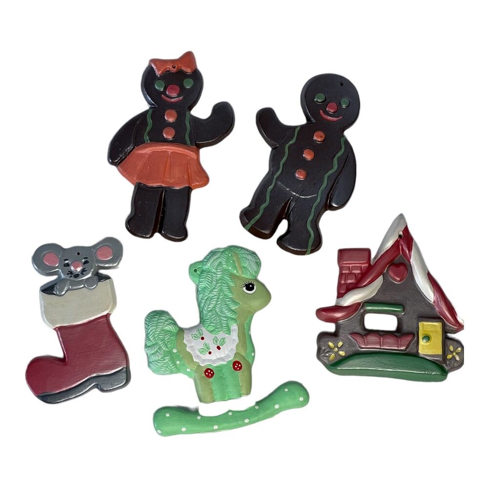 Lot of 5 Gingerbread Ornaments Ceramic Man Girl House Mouse Pony Christmas 4"